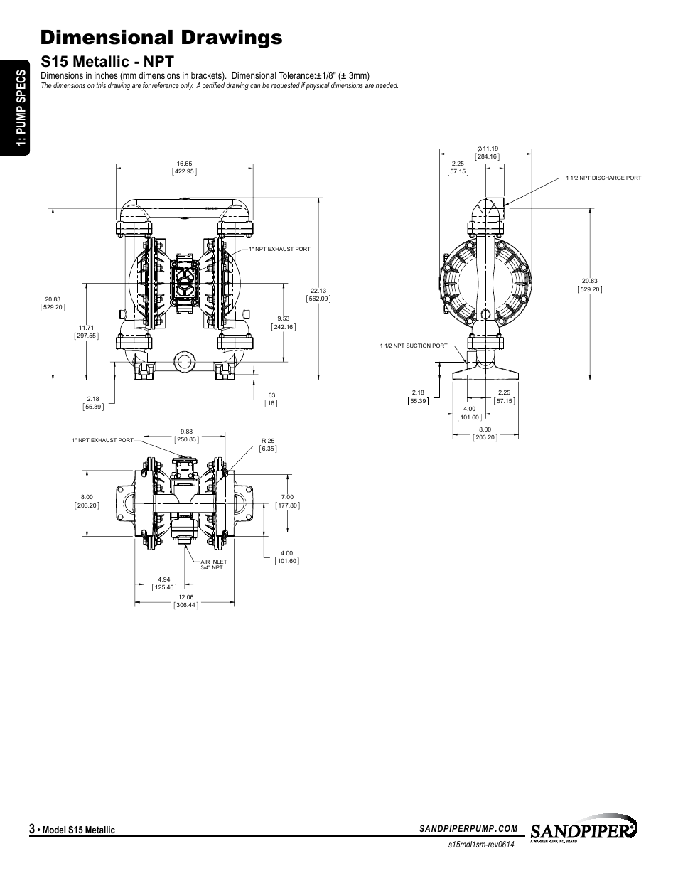 Dimensional drawings, S15 metallic - npt, Pump specs | Model s15 metallic, Sandpiperpump | SANDPIPER S15 Metallic User Manual | Page 6 / 24