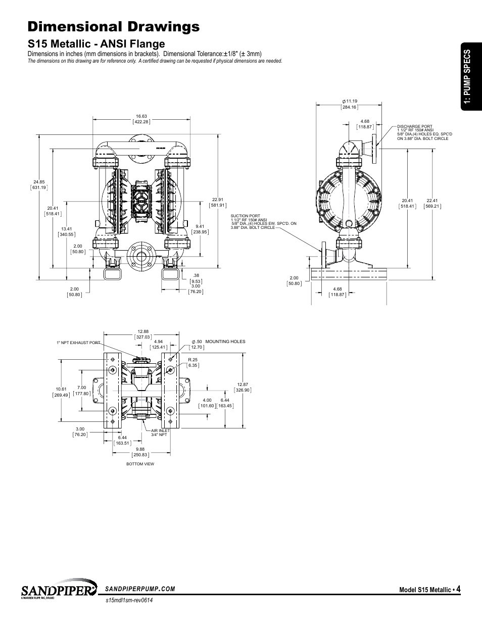 Dimensional drawings, S15 metallic - ansi flange, Pump specs | Model s15 metallic, Sandpiperpump | SANDPIPER S15 Metallic User Manual | Page 7 / 24
