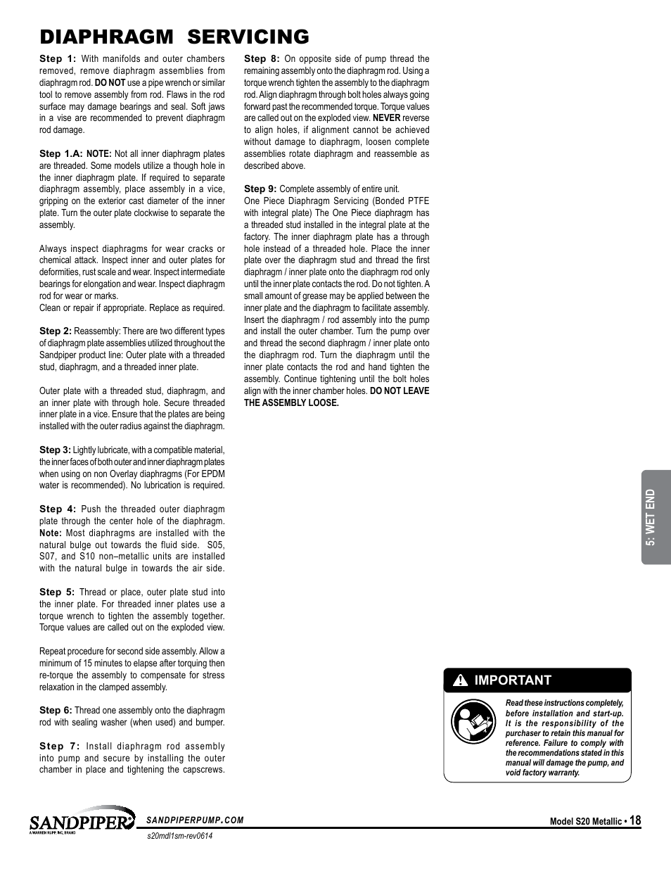 Diaphragm servicing, Important, Universal all sp | SANDPIPER S20 Metallic User Manual | Page 21 / 24