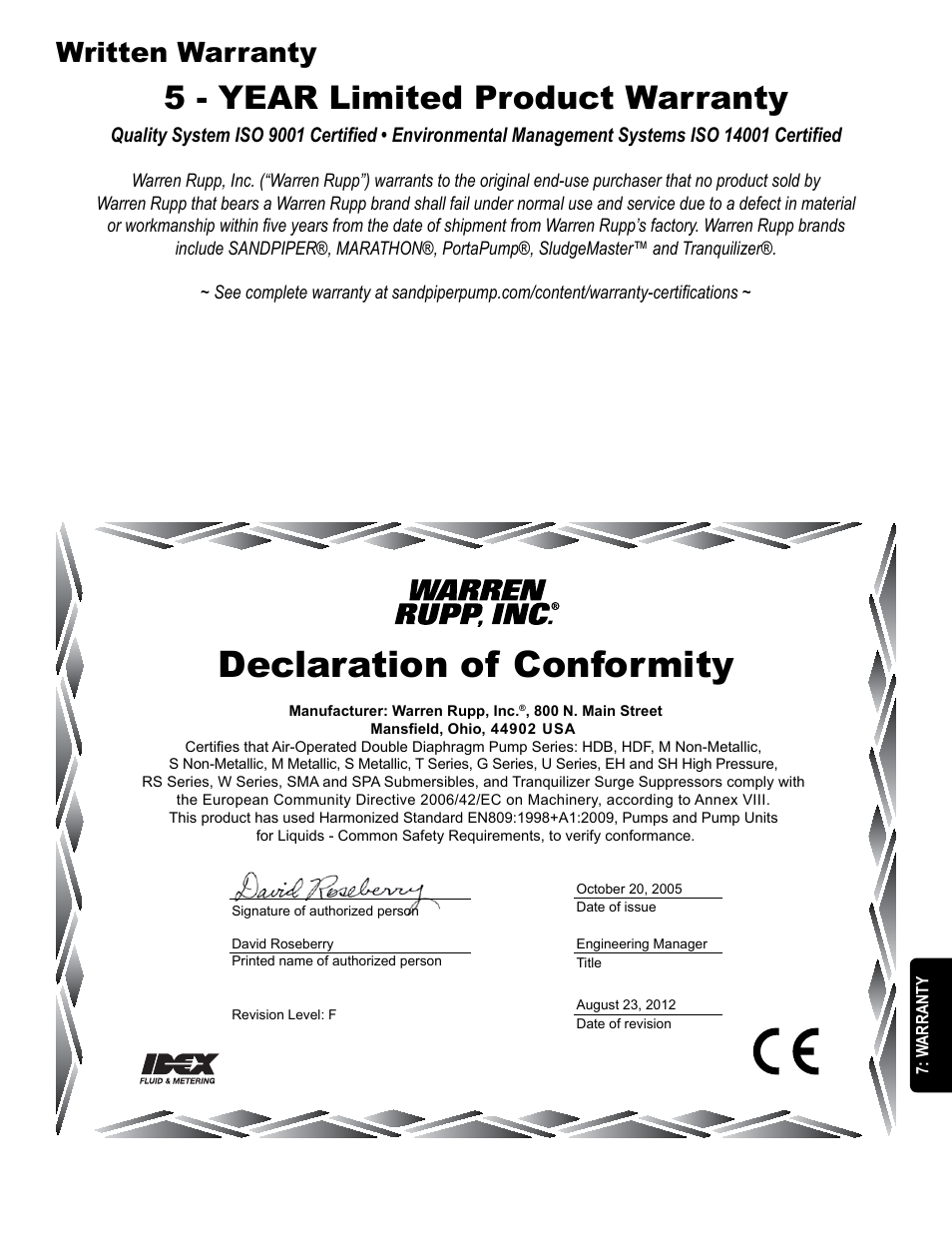 Declaration of conformity, 5 - year limited product warranty, Written warranty | SANDPIPER S20 Metallic User Manual | Page 23 / 24