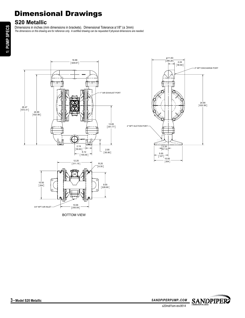 Dimensional drawings, S20 metallic, Model specific | Pump specs, Model s20 metallic | SANDPIPER S20 Metallic User Manual | Page 6 / 24