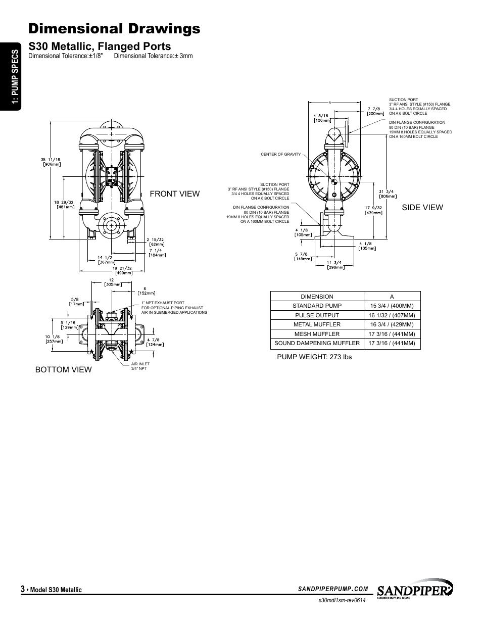 Dimensional drawings, S30 metallic, flanged ports, Pump specs | Front view bottom view side view | SANDPIPER S30 Metallic User Manual | Page 6 / 24