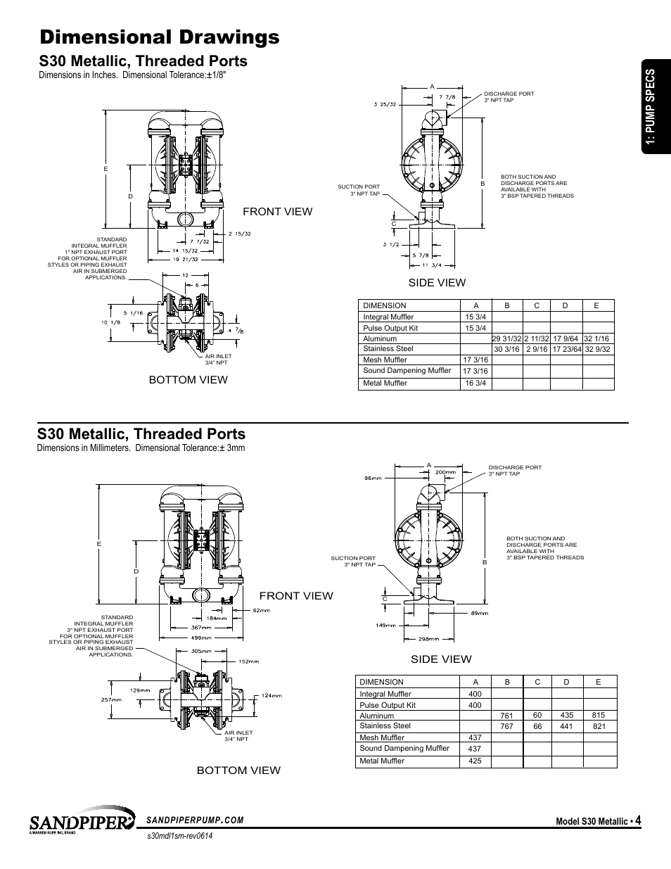 Dimensional drawings, S30 metallic, threaded ports, Model specific | Pump specs, Bottom view front view side view, Model s30 metallic, Dimensions in inches. dimensional tolerance:±1/8 | SANDPIPER S30 Metallic User Manual | Page 7 / 24