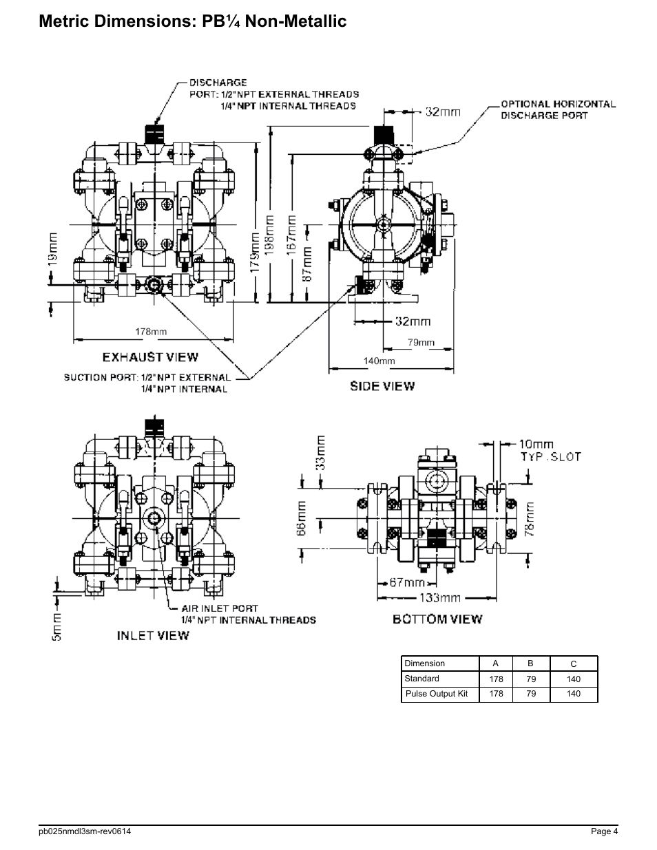 Metric dimensions: pb¼ non-metallic | SANDPIPER PB 1/4 User Manual | Page 6 / 16