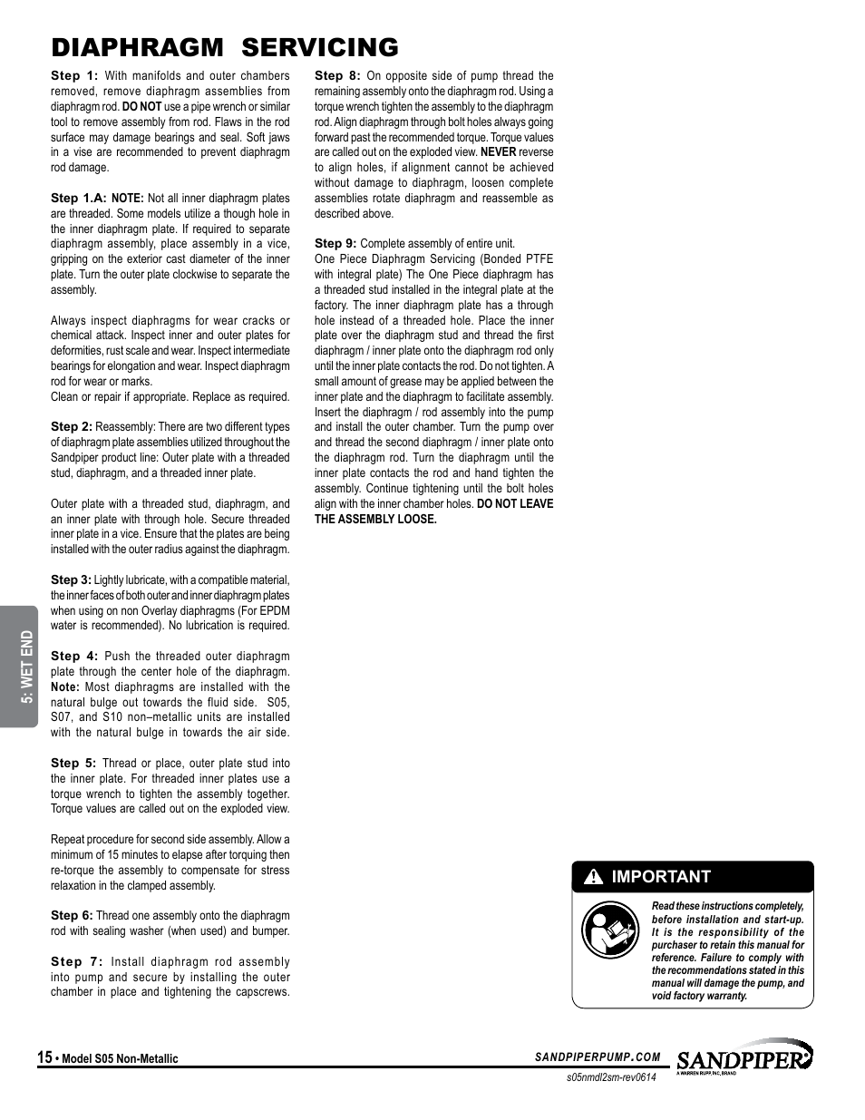 Diaphragm servicing, Important | SANDPIPER S05 User Manual | Page 18 / 22