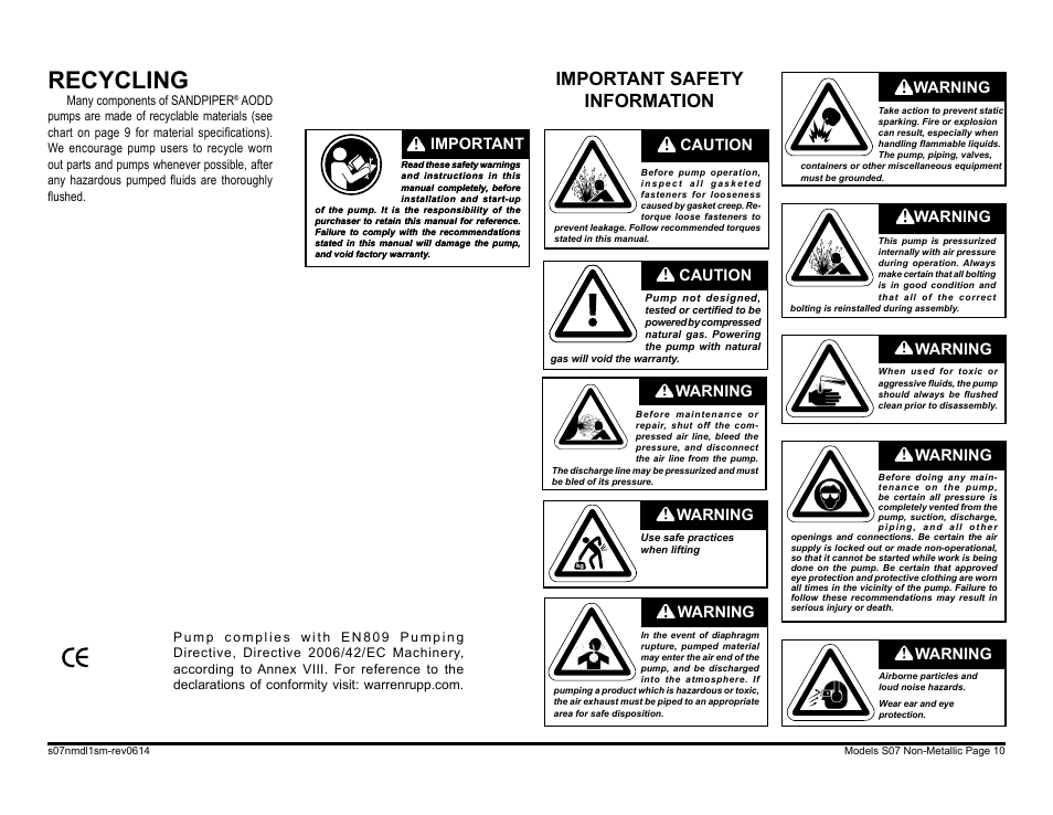 Recycling, Important safety information, Warning | Caution, Warning important | SANDPIPER S07 User Manual | Page 12 / 35