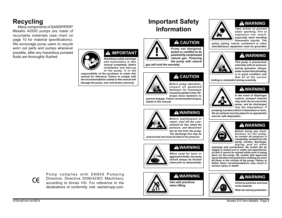 Important safety information recycling, Warning, Caution | Warning important | SANDPIPER S10 User Manual | Page 11 / 30