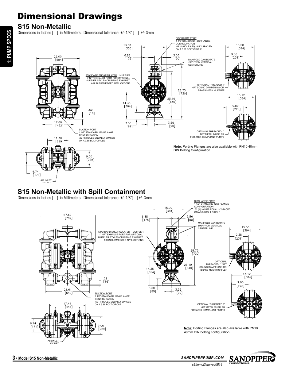 Dimensional drawings, S15 non-metallic, S15 non-metallic with spill containment | Model specific, Pump specs, Model s15 non-metallic, Sandpiperpump | SANDPIPER S15 Non-Metallic User Manual | Page 6 / 25