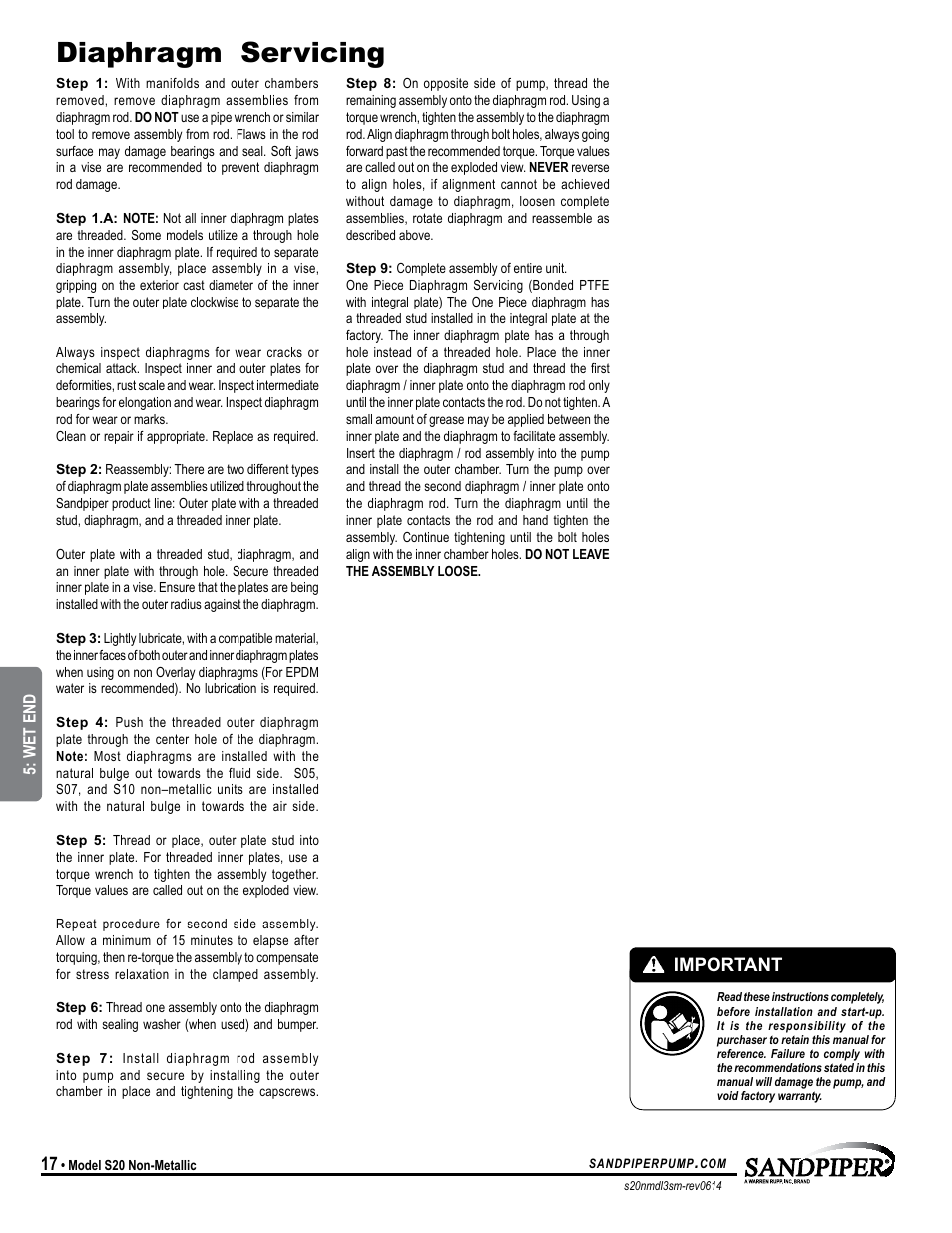 Diaphragm servicing, Important, Universal all sp | SANDPIPER S20 Non-Metallic User Manual | Page 20 / 25
