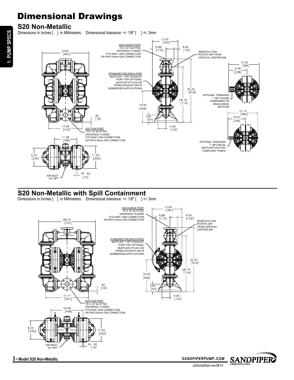 Dimensional drawings, S20 non-metallic, S20 non-metallic with spill containment | Model specific, Pump specs, Model s20 non-metallic, Sandpiperpump | SANDPIPER S20 Non-Metallic User Manual | Page 6 / 25
