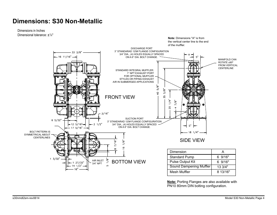 Dimensions: s30 non-metallic, Bottom view side view front view | SANDPIPER S30 Non-Metallic User Manual | Page 6 / 39