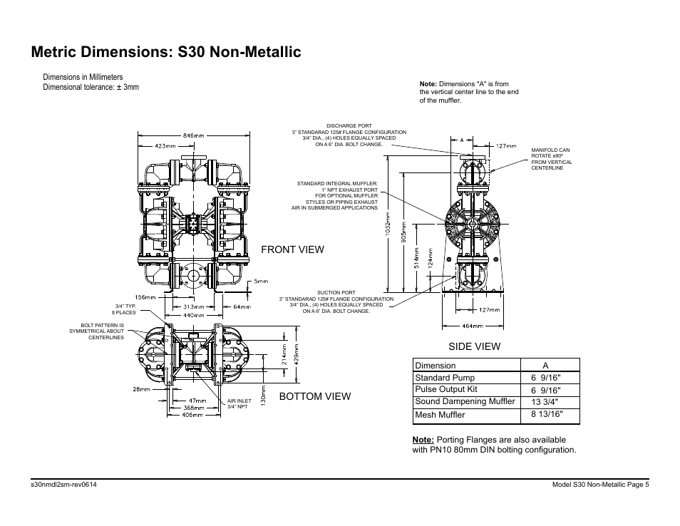 Metric dimensions: s30 non-metallic, Bottom view side view front view | SANDPIPER S30 Non-Metallic User Manual | Page 7 / 39