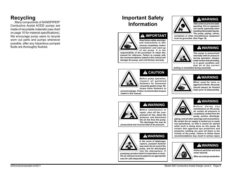 Recycling, Important safety information, Warning | Caution, Warning important | SANDPIPER S05 Non-Metallic User Manual | Page 11 / 26