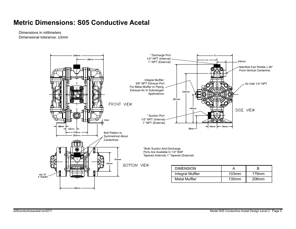 Metric dimensions: s05 conductive acetal | SANDPIPER S05 Non-Metallic User Manual | Page 7 / 26