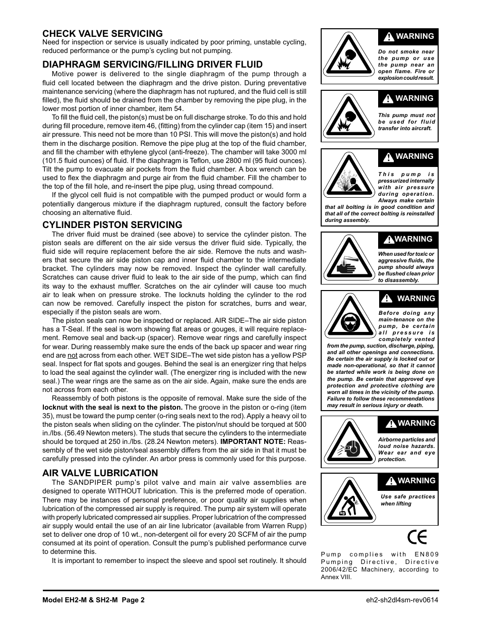 Check valve servicing, Diaphragm servicing/filling driver fluid, Cylinder piston servicing | Air valve lubrication | SANDPIPER SH2-M User Manual | Page 2 / 11