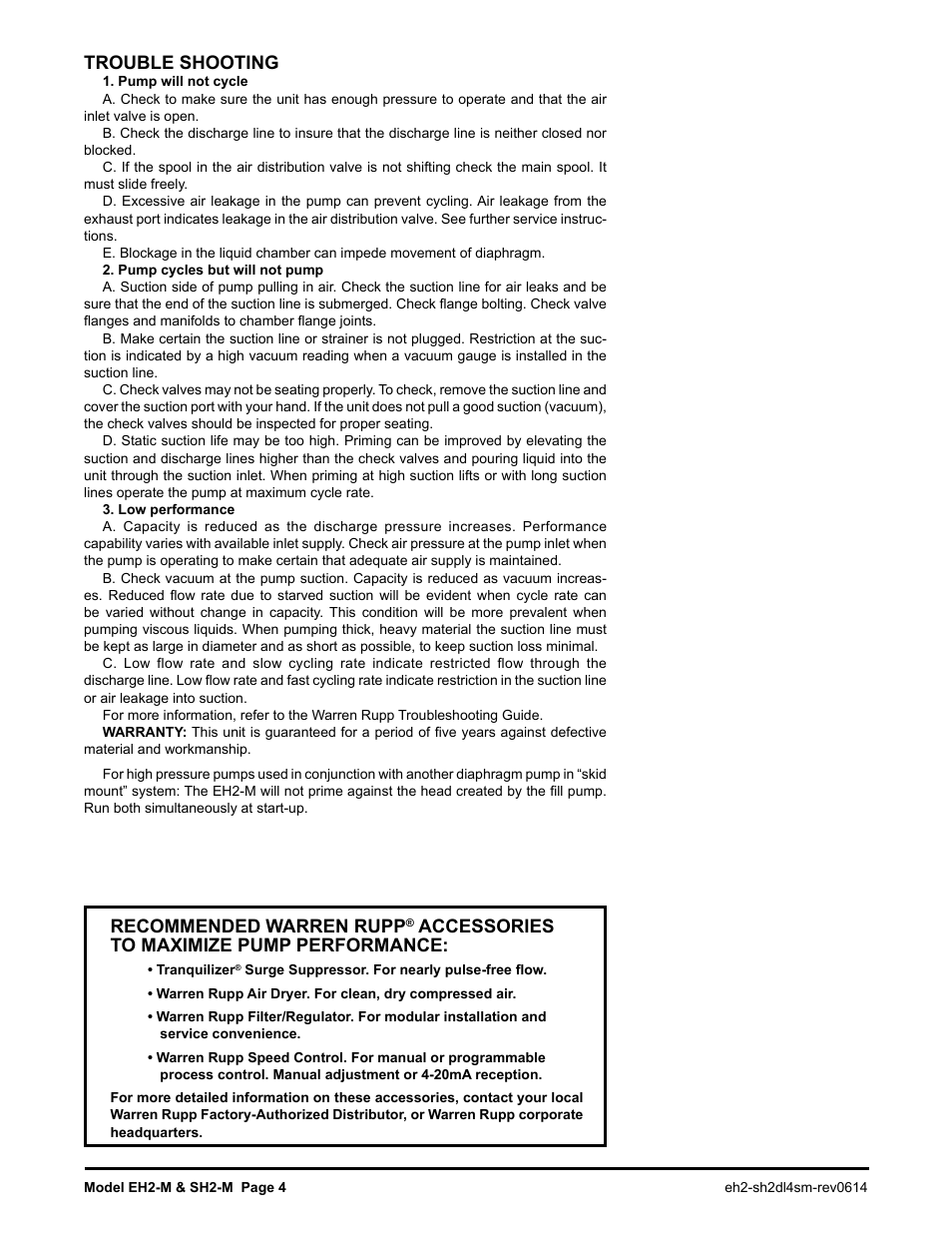 Trouble shooting, Recommended warren rupp, Accessories to maximize pump performance | SANDPIPER SH2-M User Manual | Page 4 / 11