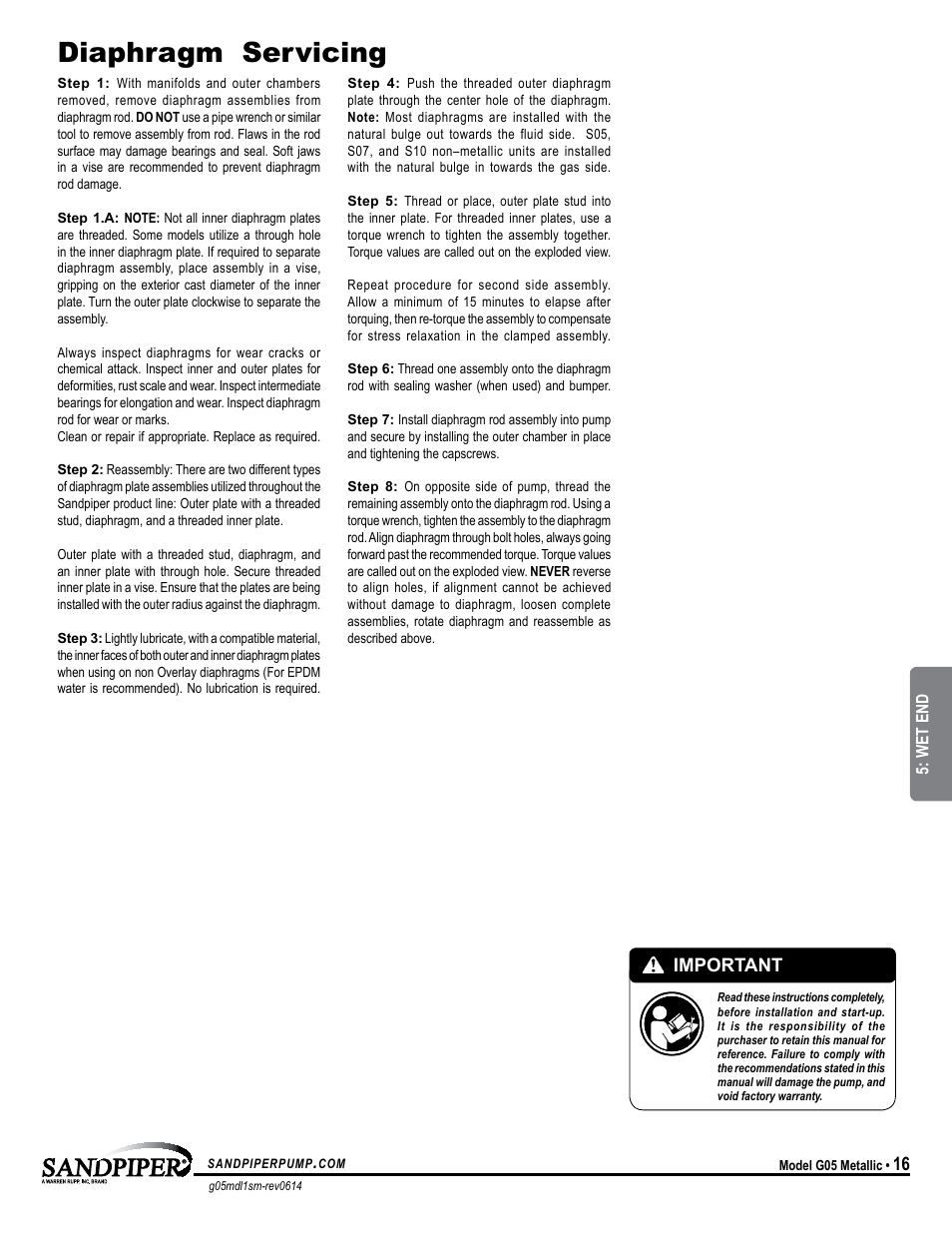 Diaphragm servicing, Important, Universal all sp | SANDPIPER G05 User Manual | Page 19 / 22