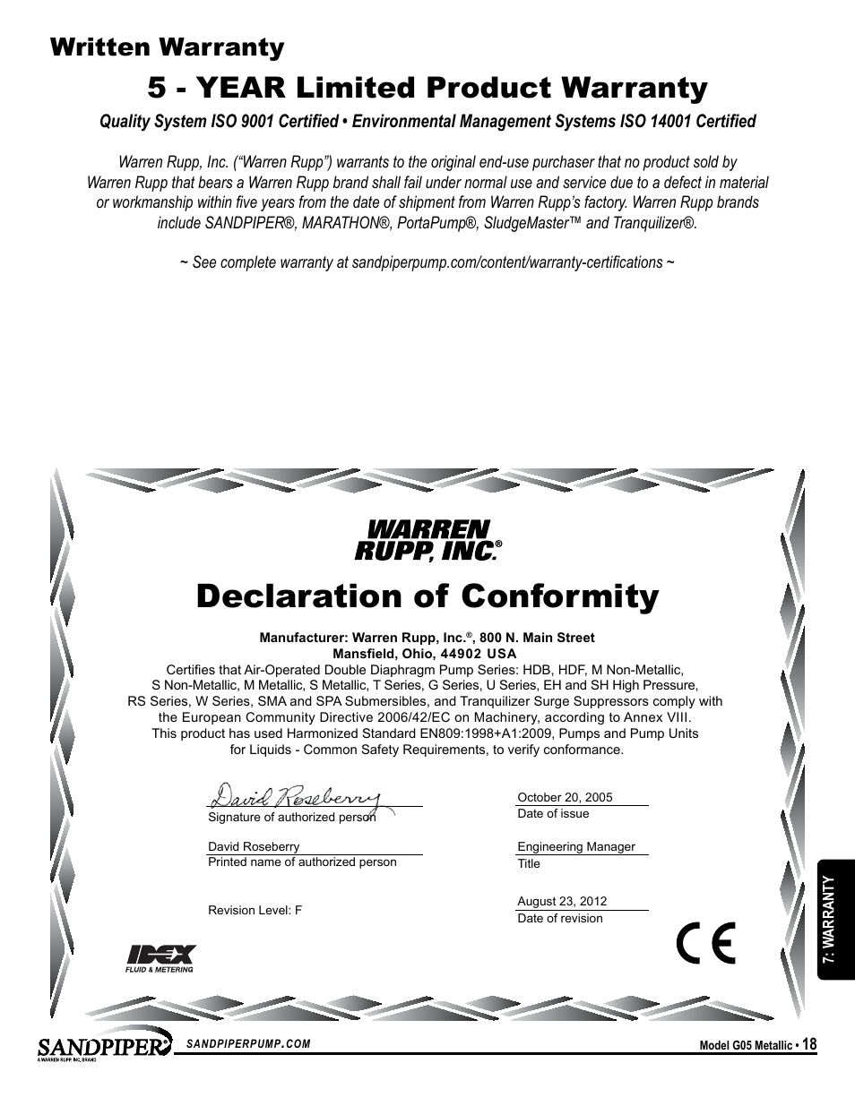 Declaration of conformity, 5 - year limited product warranty, Written warranty | SANDPIPER G05 User Manual | Page 21 / 22