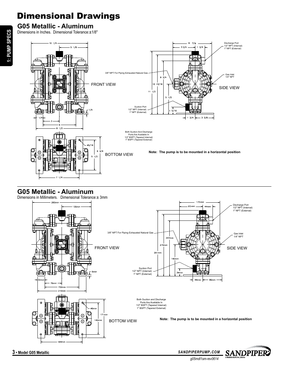 Dimensional drawings, G05 metallic - aluminum, Model specific | Pump specs | SANDPIPER G05 User Manual | Page 6 / 22
