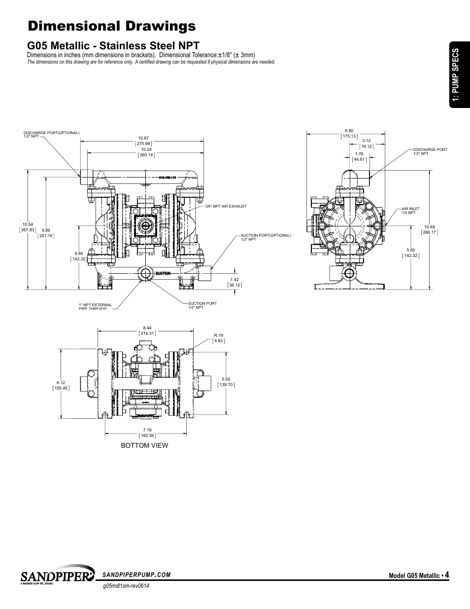 Dimensional drawings, G05 metallic - stainless steel npt, Pump specs | Model g05 metallic, Sandpiperpump, Bottom view | SANDPIPER G05 User Manual | Page 7 / 22