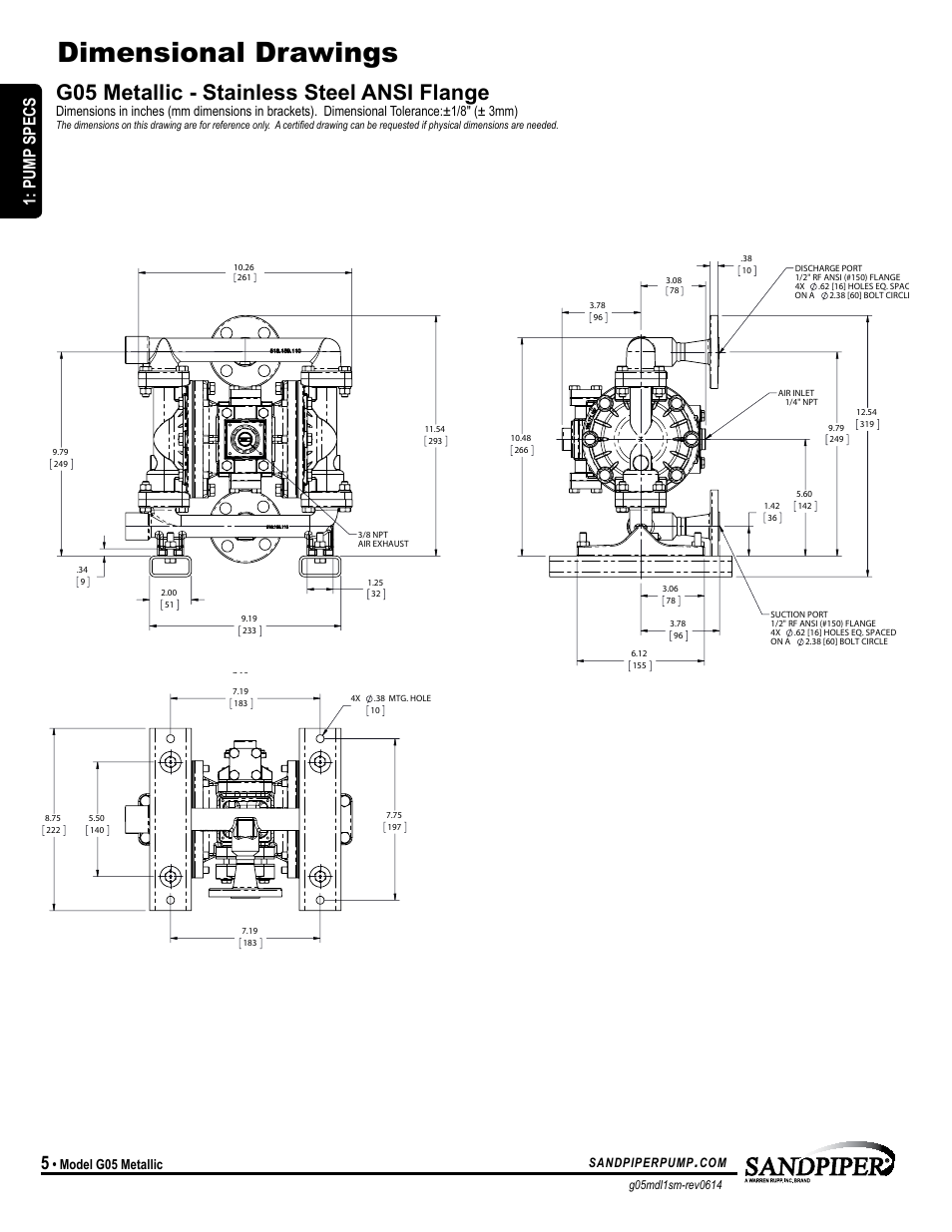 Dimensional drawings, G05 metallic - stainless steel ansi flange, Pump specs | Model g05 metallic, Sandpiperpump | SANDPIPER G05 User Manual | Page 8 / 22