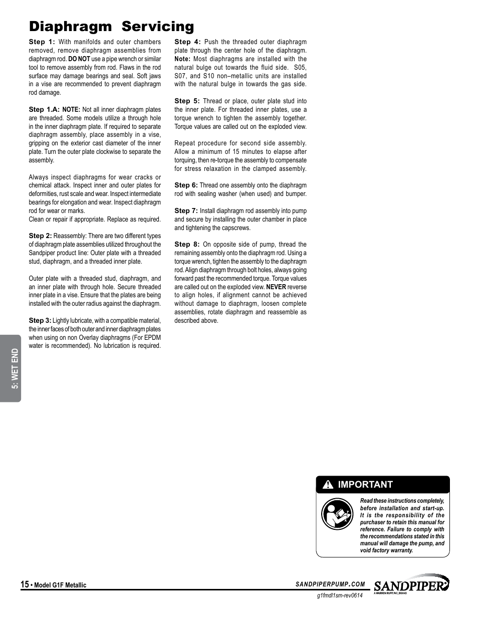 Diaphragm servicing, Important, Universal all sp | SANDPIPER G1F User Manual | Page 18 / 21