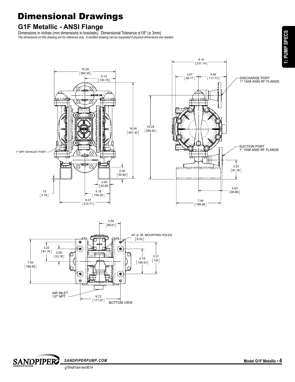 Dimensional drawings, G1f metallic - ansi flange, Pump specs | Model g1f metallic, Sandpiperpump | SANDPIPER G1F User Manual | Page 7 / 21