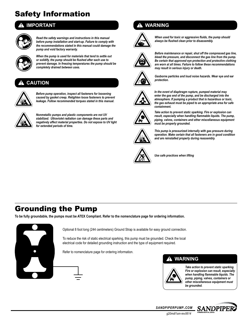 Safety information grounding the pump, Important, Caution warning | Warning, Universal all aodd | SANDPIPER G20 User Manual | Page 2 / 21