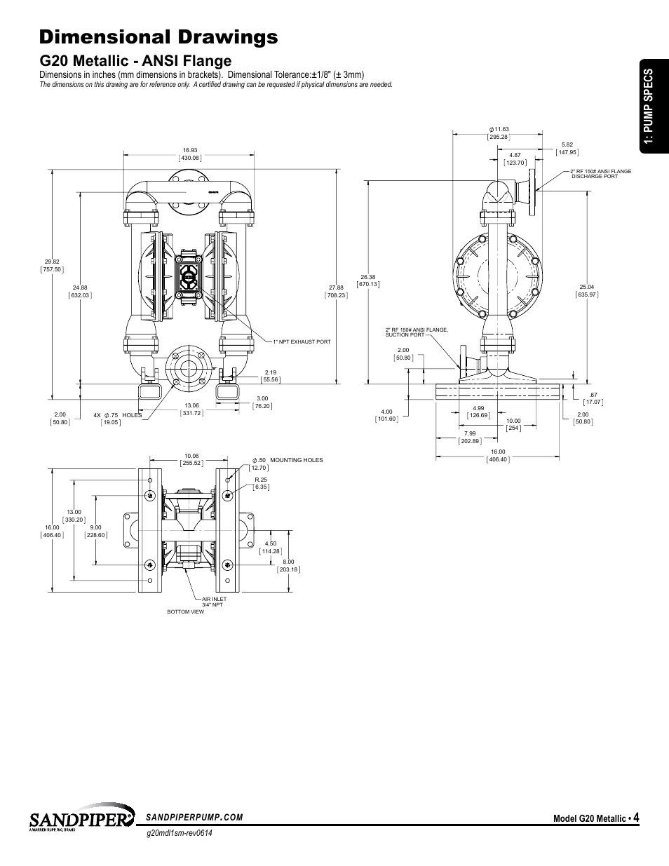 Dimensional drawings, G20 metallic - ansi flange, Pump specs | Model g20 metallic, Sandpiperpump | SANDPIPER G20 User Manual | Page 7 / 21