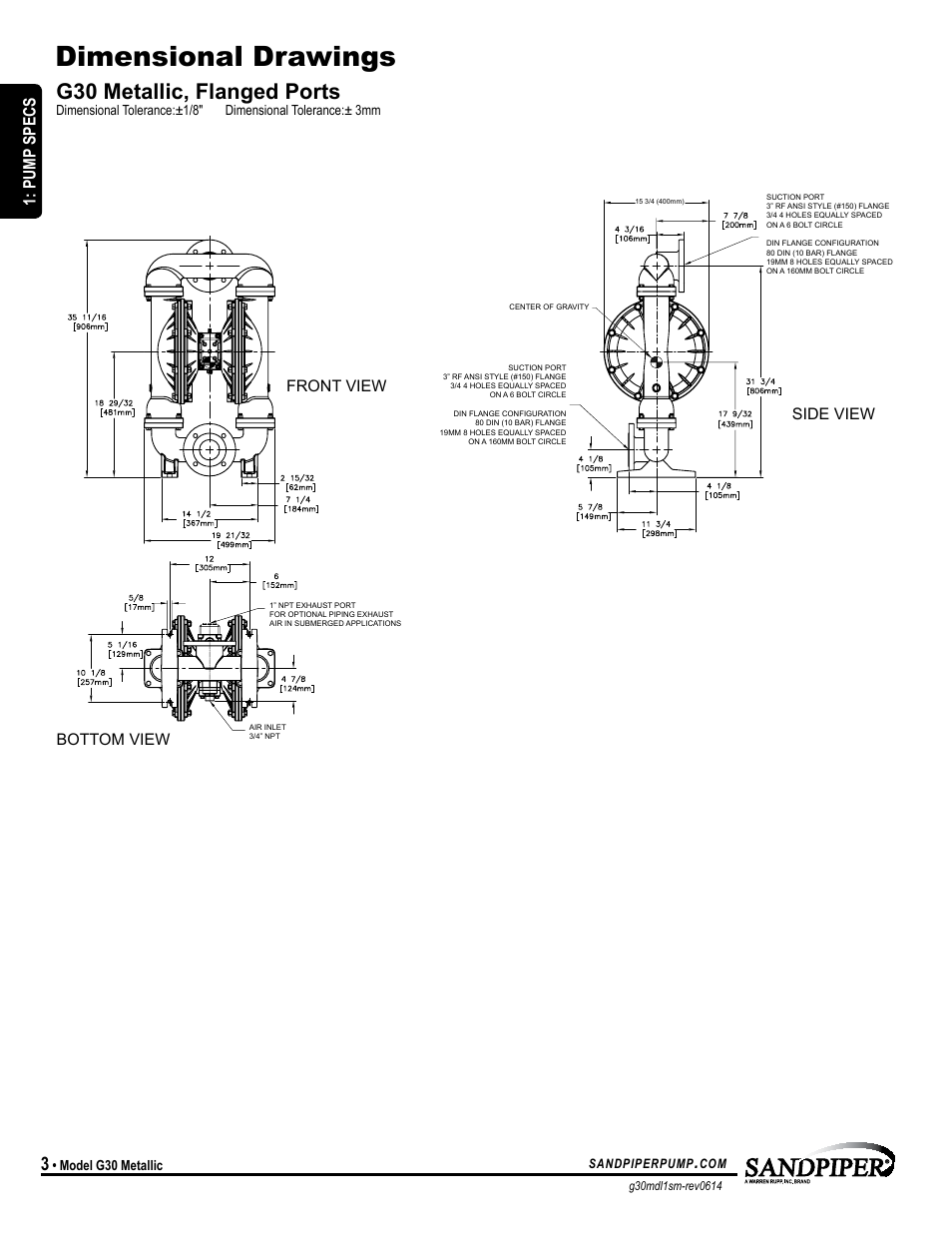 Dimensional drawings, G30 metallic, flanged ports, Model specific | Pump specs, Front view bottom view side view | SANDPIPER G30 User Manual | Page 6 / 21