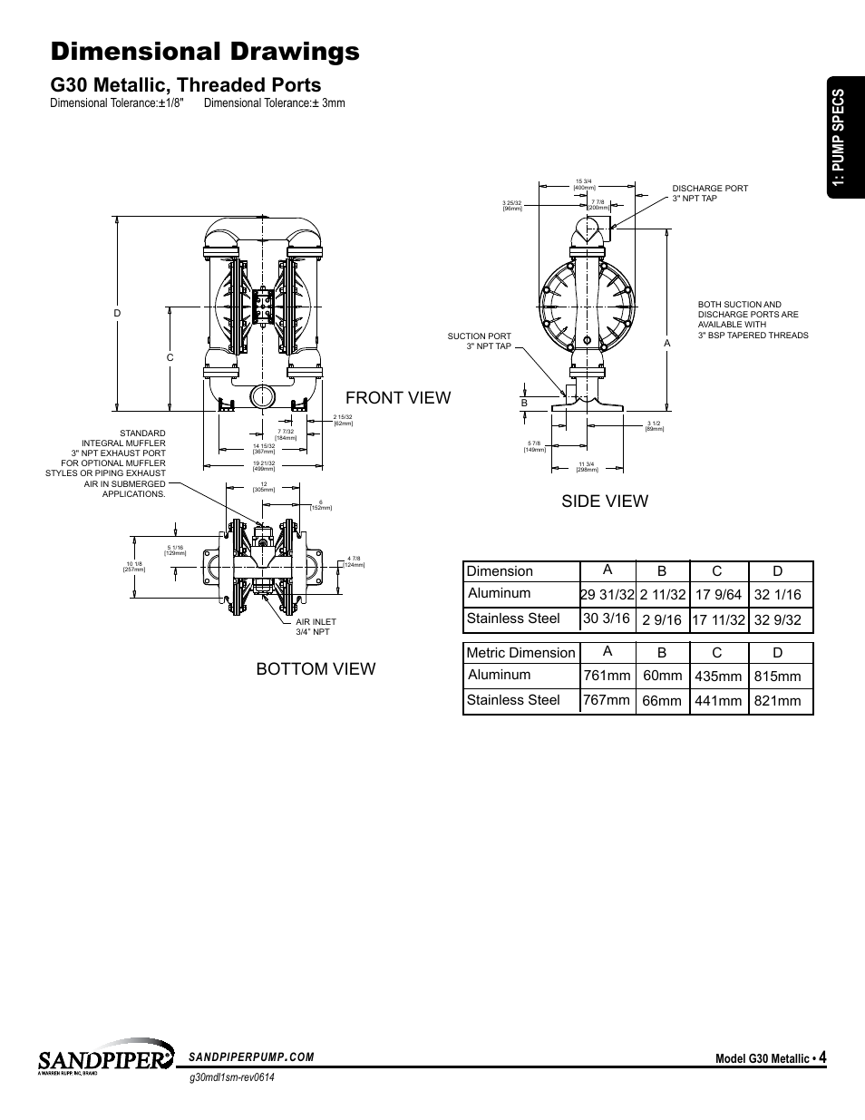 Dimensional drawings, G30 metallic, threaded ports, Bottom view front view side view | Pump specs | SANDPIPER G30 User Manual | Page 7 / 21