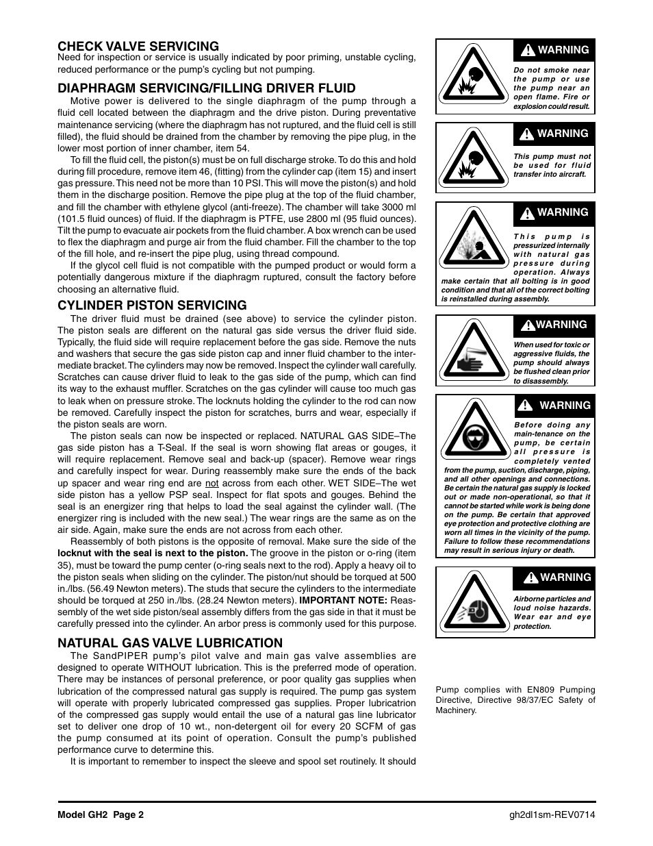 Check valve servicing, Diaphragm servicing/filling driver fluid, Cylinder piston servicing | Natural gas valve lubrication | SANDPIPER GH2 User Manual | Page 2 / 9