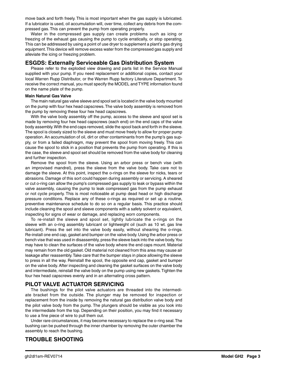 Pilot valve actuator servicing, Trouble shooting | SANDPIPER GH2 User Manual | Page 3 / 9