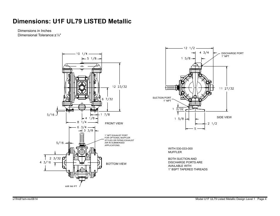Dimensions: u1f ul79 listed metallic | SANDPIPER U1F User Manual | Page 6 / 27