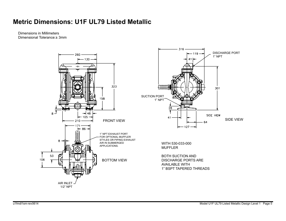 Metric dimensions: u1f ul79 listed metallic | SANDPIPER U1F User Manual | Page 7 / 27