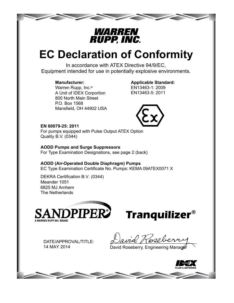 Ec declaration of conformity | SANDPIPER DSB1 User Manual | Page 18 / 19