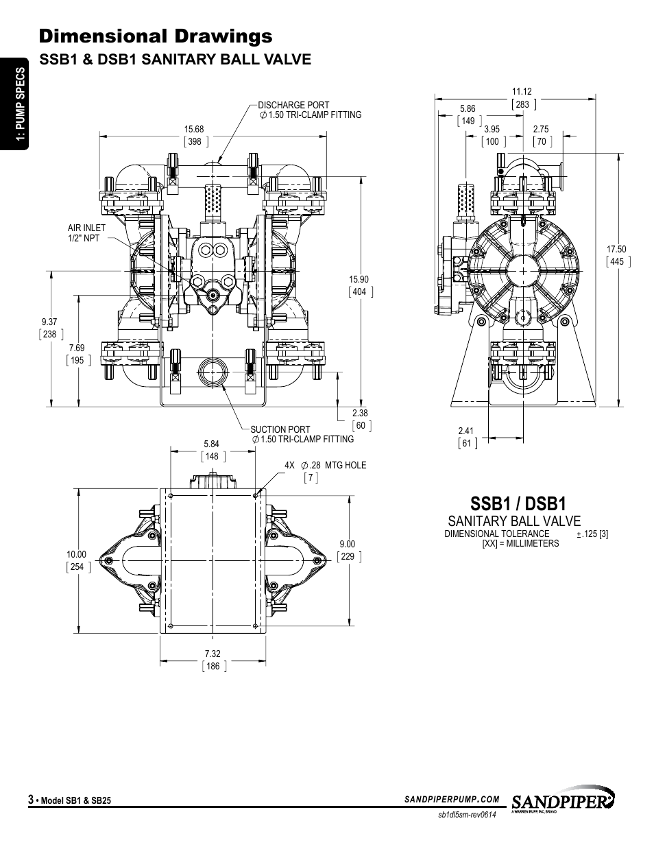 Dimensional drawings, Ssb1 / dsb1, Ssb1 & dsb1 sanitary ball valve | Sanitary ball valve | SANDPIPER DSB1 User Manual | Page 6 / 19