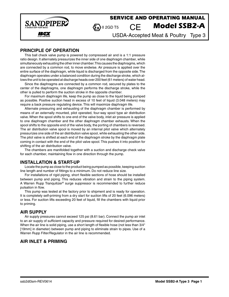 Model ssb2-a, Usda-accepted meat & poultry type 3, Service and operating manual | SANDPIPER SSB2-A User Manual | Page 3 / 14