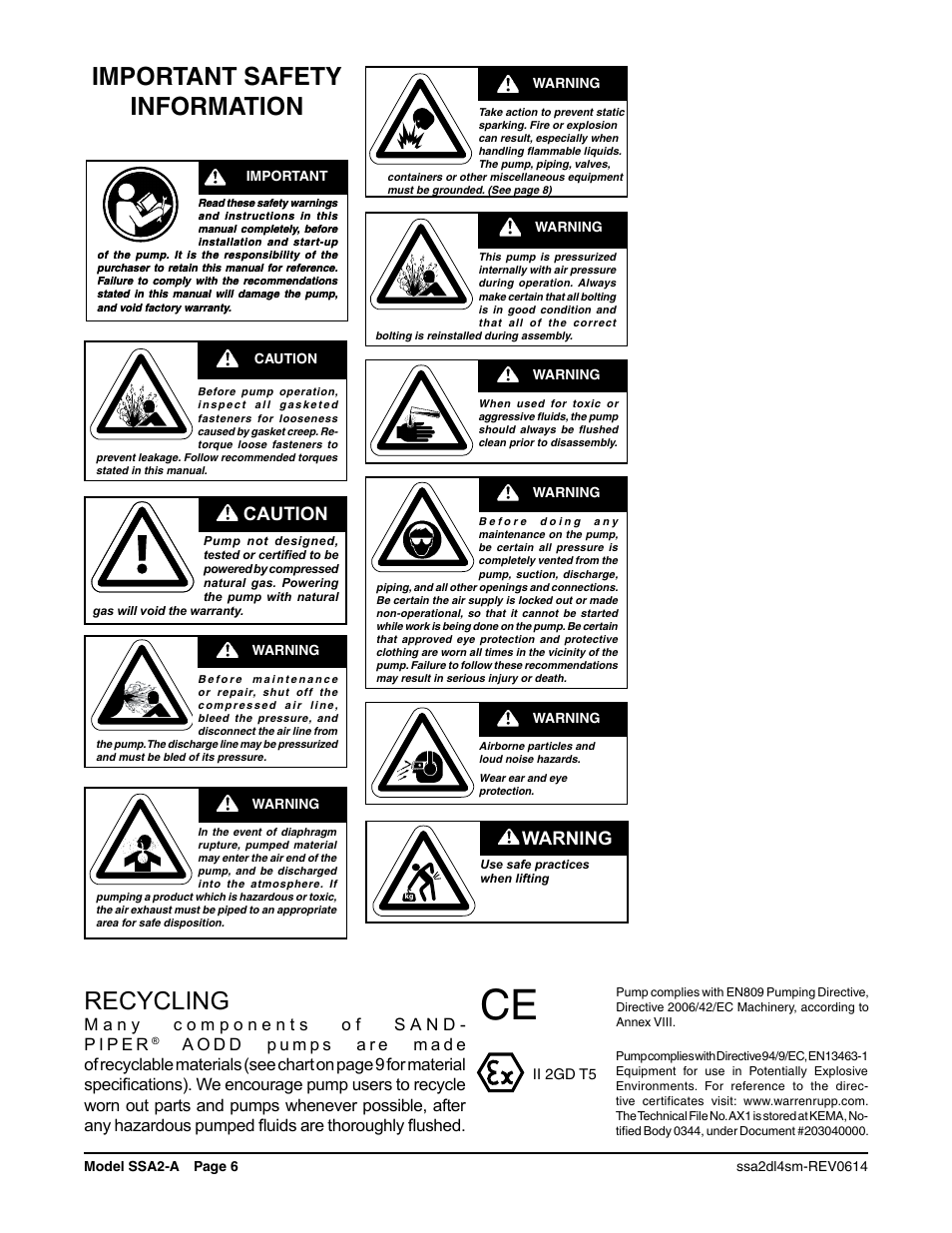 Important safety information, Recycling, Caution | Warning | SANDPIPER SSA2-A User Manual | Page 8 / 14