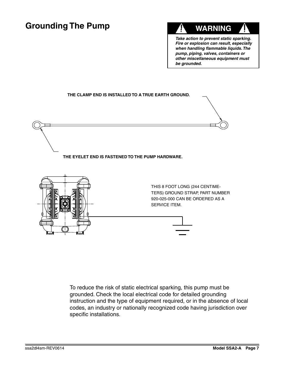 Grounding the pump, Warning | SANDPIPER SSA2-A User Manual | Page 9 / 14