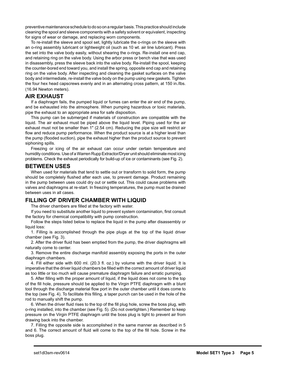 Air exhaust, Between uses, Filling of driver chamber with liquid | SANDPIPER SET1 User Manual | Page 6 / 14