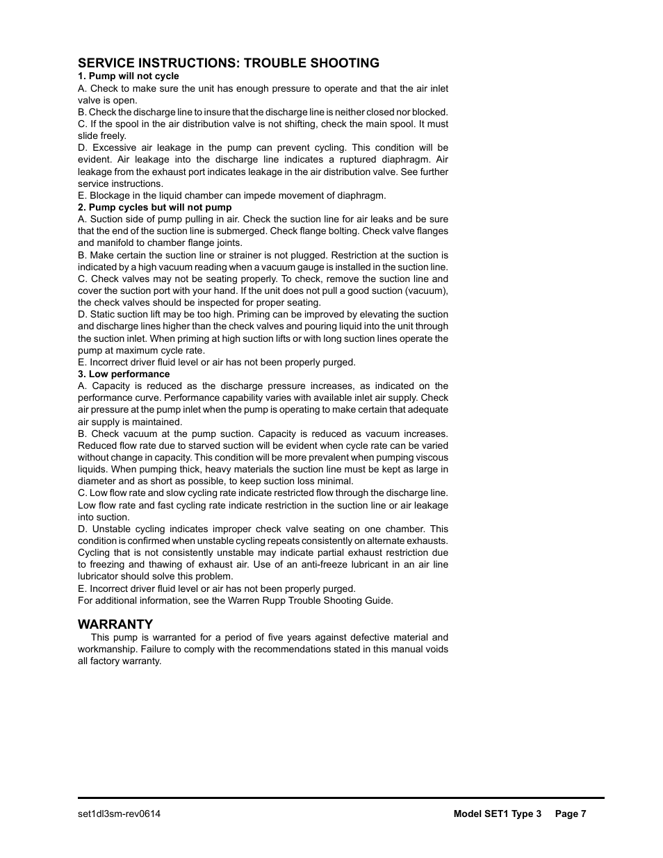 Service instructions: trouble shooting, Warranty | SANDPIPER SET1 User Manual | Page 8 / 14