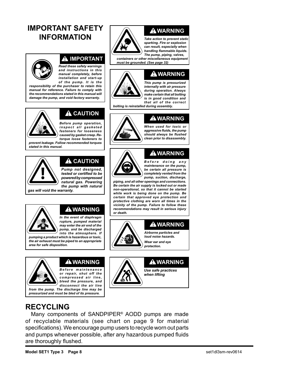 Important safety information, Recycling, Warning | Caution, Warning important, Many components of sandpiper | SANDPIPER SET1 User Manual | Page 9 / 14