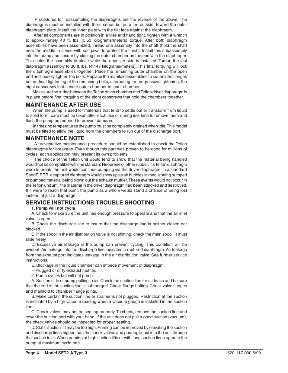 Maintenance after use, Service instructions:trouble shooting | SANDPIPER SET2-A User Manual | Page 4 / 8