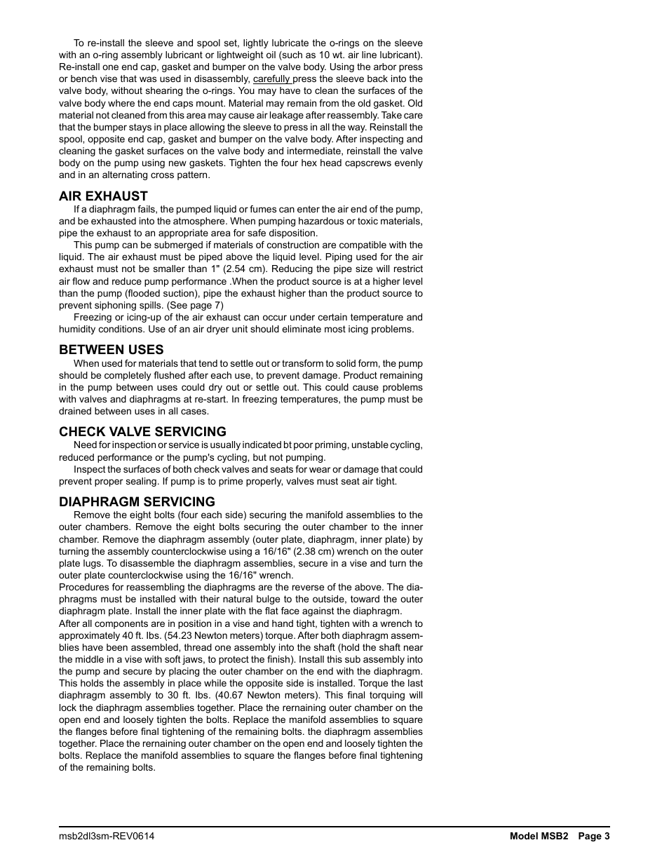 Air exhaust, Between uses, Check valve servicing | Diaphragm servicing | SANDPIPER MSB2-B User Manual | Page 5 / 13