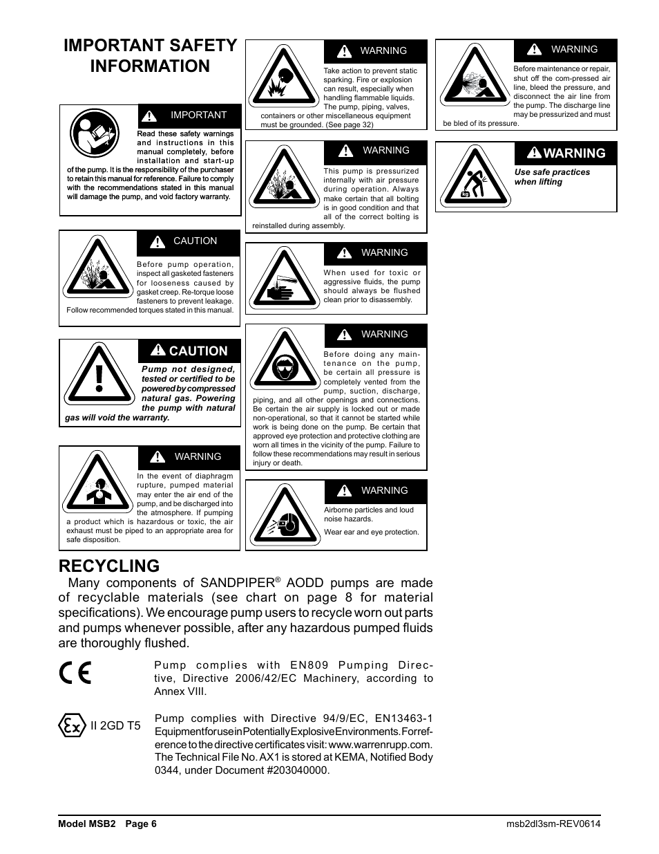 Important safety information, Recycling, Many components of sandpiper | Caution, Warning, Ii 2gd t5 | SANDPIPER MSB2-B User Manual | Page 8 / 13