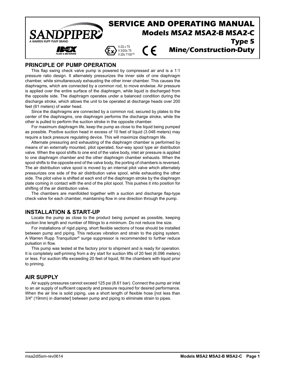 Type 5 mine/construction-duty, Principle of pump operation, Installation & start-up | Air supply | SANDPIPER MSA2-C User Manual | Page 3 / 16