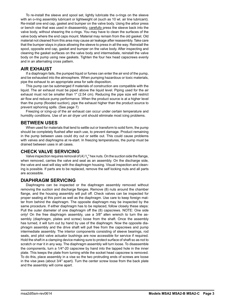 Air exhaust, Between uses, Check valve servicing | Diaphragm servicing | SANDPIPER MSA2-C User Manual | Page 5 / 16