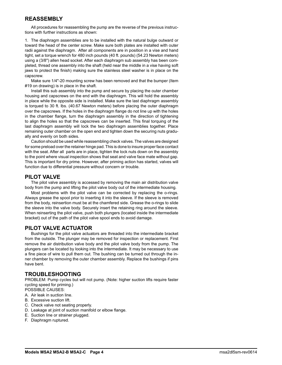 Reassembly, Pilot valve, Pilot valve actuator | Troubleshooting | SANDPIPER MSA2-C User Manual | Page 6 / 16