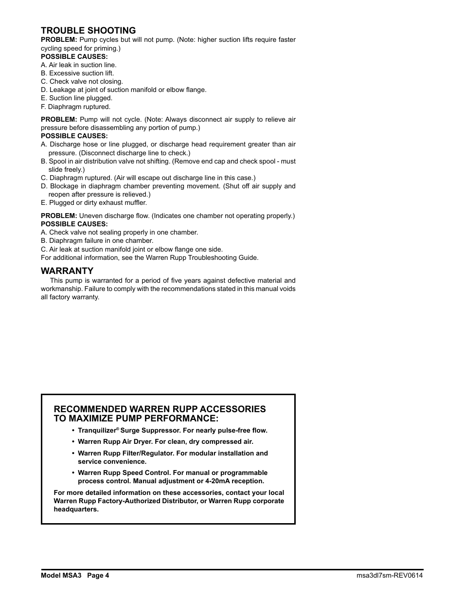 Trouble shooting, Warranty | SANDPIPER MSA3-C User Manual | Page 6 / 12